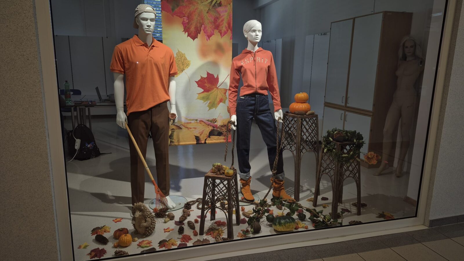 Das chaufenster steht ganz im Zeichen der Gartenarbeit im Herbst. Zwei Mannequins sind als Gärtner:innen gekleidet, mit einem Rechen und herbstlichem Laubwerk, das auf dem Boden verstreut ist. Das Schaufenster ist mit Kürbissen, Blättern und einem kleinen Igel verziert, was eine fröhliche und einladende Atmosphäre schafft.