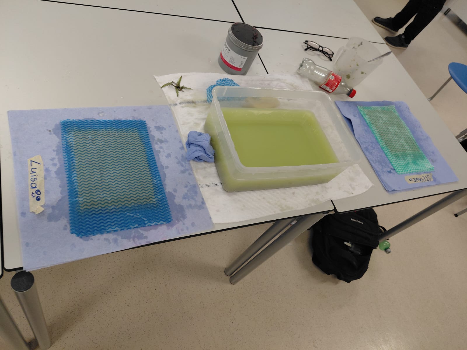 Workshop "Papierschöpfen" Arbeitsfläche mit mehreren rechteckigen Rahmen und Becken mit farbiger Flüssigkeit (blau und grün), daneben liegen Werkzeuge wie Schere und Pinsel.