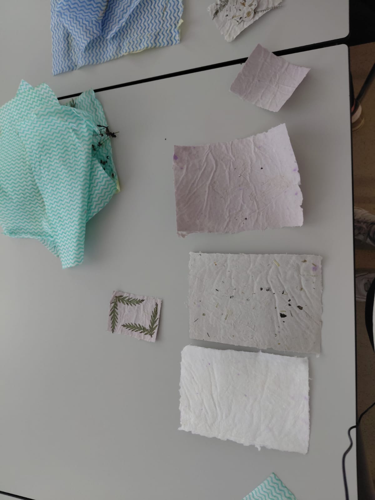Workshop "Buchbinden" Mehrere Blätter Büttenpapier in weiß, beige, rosa und mit Pflanzenteilen, sowie Küchentücher in grün und blau auf einem Tisch.